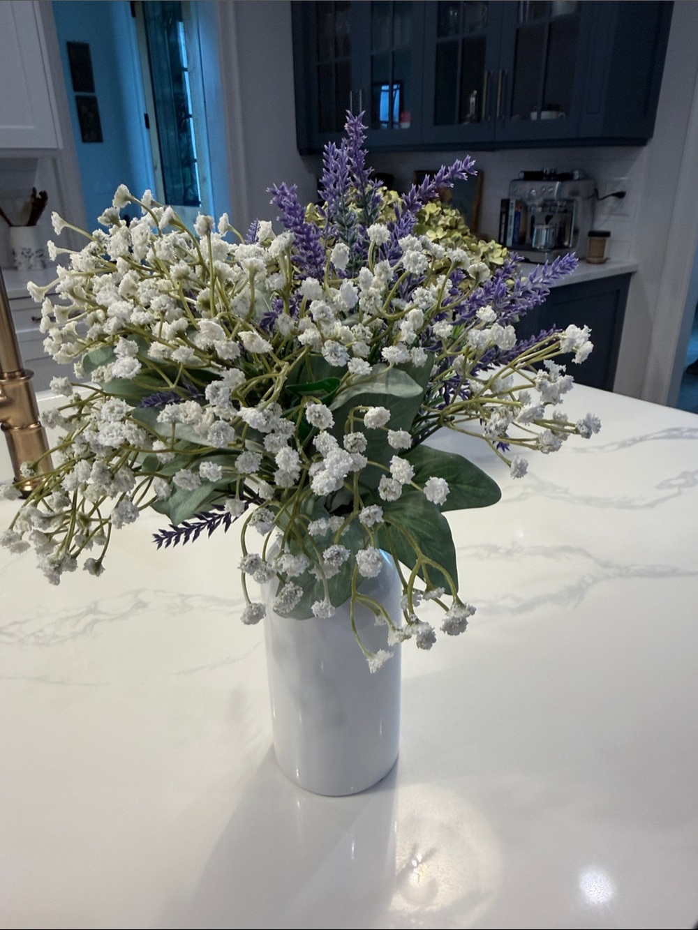 Ashland White Ceramic Vase with Lavender and Baby's Breath
